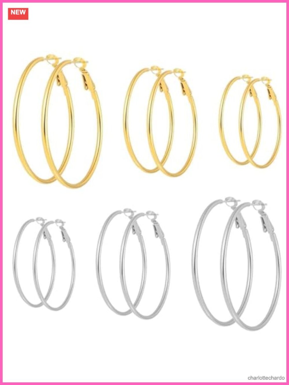 6 Pair Hoop Earring Set Stainless Steel Hypoallergenic 316L Lever Back 30-50mm